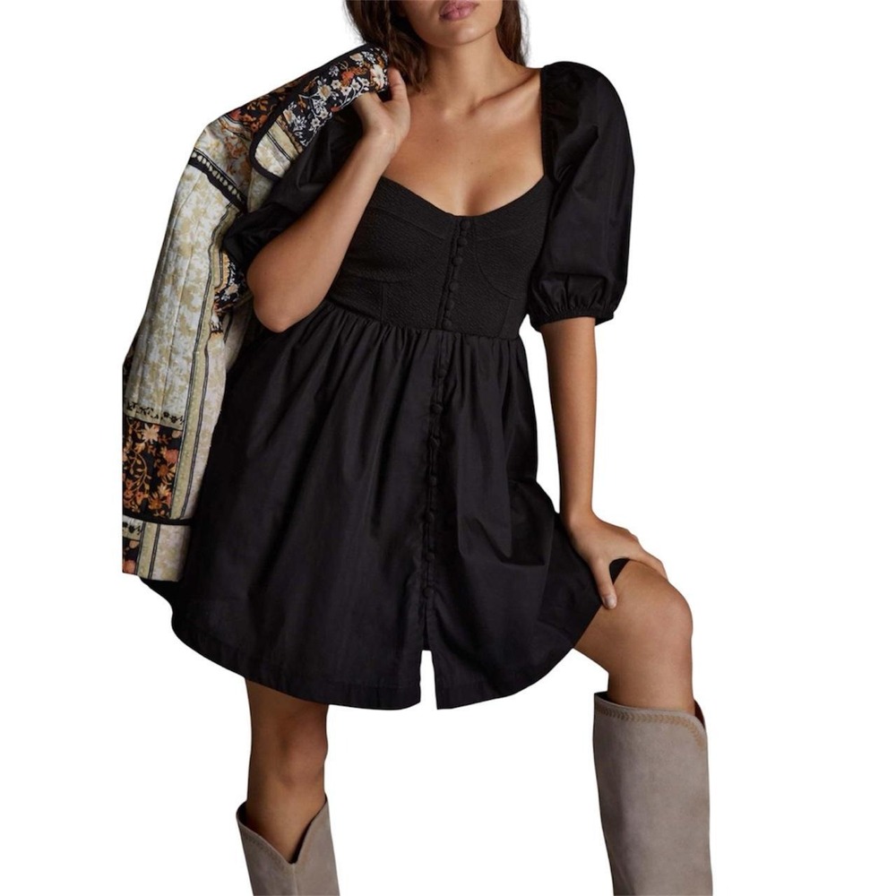 Maeve Puff Sleeved Sweetheart Mini Dress Women's Size Small Black Anthropologie